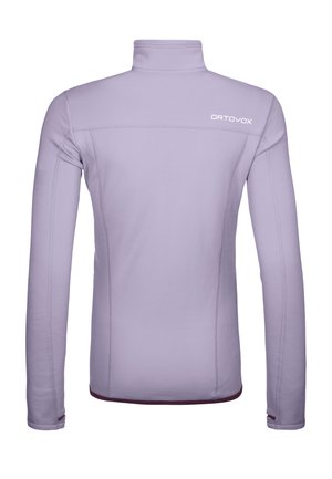 Light lavender long-sleeve pullover with a high neck, featuring flatlock seams and a maroon hem along the bottom and sleeves. Logo on chest.