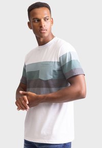 Short-sleeve t-shirt with white, teal, gray, and dark gray horizontal stripes. Features a chest pocket and cotton texture.