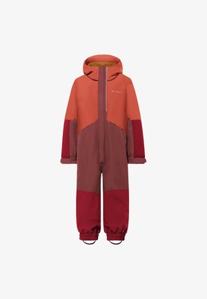 Rode en oranje geïsoleerde overall met een capuchon, voorzien van een ritsluiting, elastische manchetten en een patchworkontwerp met variërende tinten.