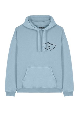 Felpa con cappuccio azzurro chiaro con tasca frontale, caratterizzata da disegni di cuori sovrapposti ricamati in nero sul lato sinistro.