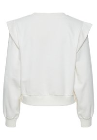 White cropped sweatshirt with puffed shoulder design. Soft fabric and ribbed cuffs. Minimalist style, plain without patterns or accents.