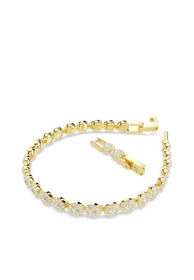 Bracelet en or orné de perles rondes et lisses, alternant avec des pierres circulaires aux détails facettés et transparents, sécurisé par un fermoir.