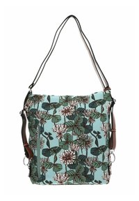 Sac à bandoulière avec un motif floral en verts et bruns sur un fond bleu clair ; comprend une poche zippée et une sangle bicolore.