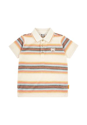 Short-sleeve children's polo shirt with multicolor horizontal stripes and a small teddy bear logo on the left chest.