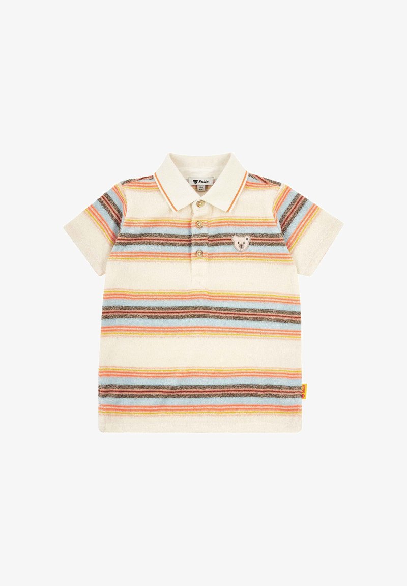 Polo pour enfants à manches courtes avec des rayures horizontales multicolores et un petit logo d'ours en peluche sur la poitrine gauche.