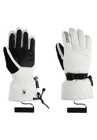 Gants d'hiver blancs avec des paumes noires. Fabriqués en tissu imperméable. Dotés de sangles de poignet réglables et d'une fermeture à cordon. Logo d'araignée visible.