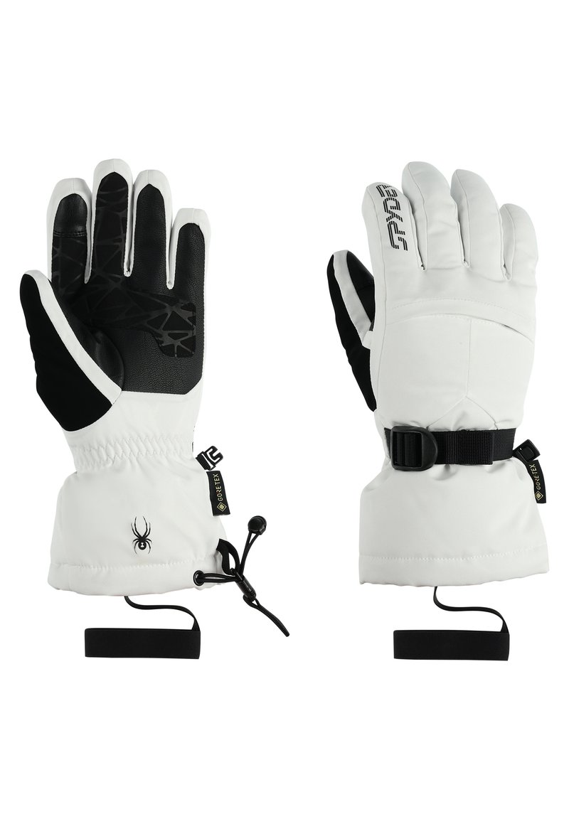 Gants d'hiver blancs avec des paumes noires. Fabriqués en tissu imperméable. Dotés de sangles de poignet réglables et d'une fermeture à cordon. Logo d'araignée visible.
