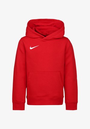Felpa rossa Nike con logo bianco, tasca frontale e cappuccio ampio. Realizzata in tessuto morbido con polsi e orlo a coste.