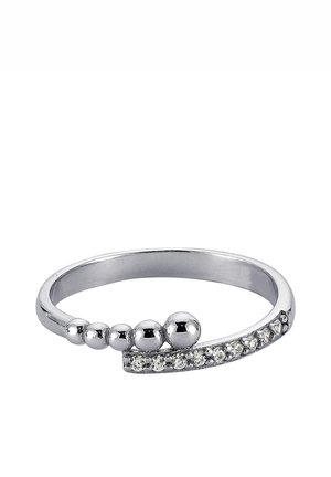 Silver ring featuring a curved design with three polished spherical accents and a row of small clear stones along one side.