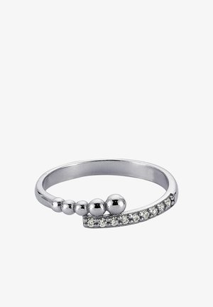 Bague en argent avec un design courbé, ornée de trois accents sphériques polis et d'une rangée de petites pierres claires le long d'un côté.