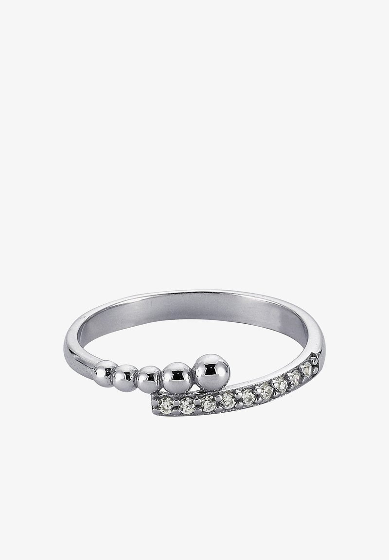 Bague en argent avec un design courbé, ornée de trois accents sphériques polis et d'une rangée de petites pierres claires le long d'un côté.