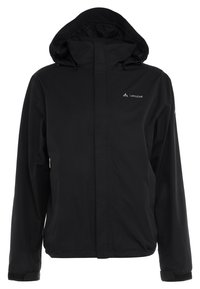 Veste noire imperméable avec capuche. Elle possède un zip à l'avant, des manches longues et un détail de logo sur la poitrine. Tissu lisse et léger.