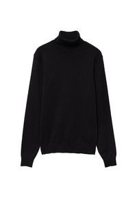 Schwarzer Rollkragenpullover aus weichem Stoff, mit langen Ärmeln, einem enganliegenden Kragen und gerippten Bündchen und Saum. Schlichtes, einfarbiges Design.