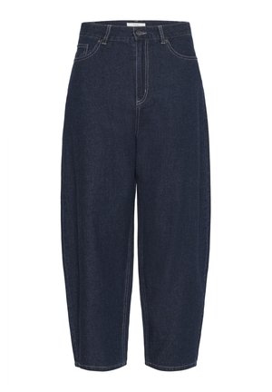 Dunkelblaue Jeanshose mit lockerer Passform, versehen mit kontrastierendem weißen Nähten, einer Knopfverschluss vorne und tiefen Taschen.