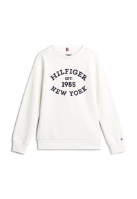 Felpa bianca con polsini e orlo a costine, caratterizzata da un logo blu navy con la scritta "HILFIGER EST. 1985 NEW YORK" in grassetto. Design semplice.