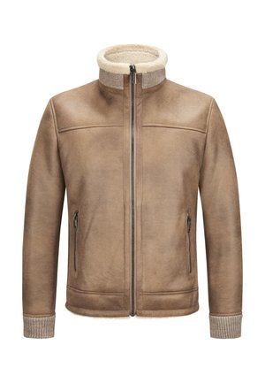 Braune Wildlederjacke mit Frontreißverschluss, zwei seitlichen Reißverschlusstaschen, gestrickten Bündchen und weichem Lammfellkragenfutter.