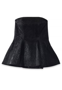 Melna bezsleeve peplums topa, izgatavota no teksturēta materiāla ar čūsku rakstu. Iespējojums izplūdušais apakšmalas un gluda oderējuma.