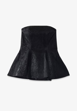 Melna bezsleeve peplums topa, izgatavota no teksturēta materiāla ar čūsku rakstu. Iespējojums izplūdušais apakšmalas un gluda oderējuma.