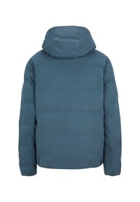 Blauer Daunenjacke mit Kapuze, ausgestattet mit einem gesteppten Design, weicher Textur und leicht glänzendem Finish. Die Rückseite hat keine sichtbaren Logos oder Akzente.