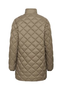 Khaki gesteppte Pufferjacke mit hohem Kragen. Sie hat ein Rautenmuster, lange Ärmel und elastische Bündchen. Leichtes Material.
