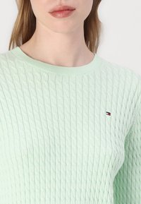 Pull en maille vert clair avec un motif en câble texturé et un col rond. Logo de la marque appliqué sur la zone de la poitrine gauche.