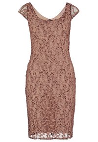Robe ajustée sans manches, longueur genou, avec superposition en dentelle florale mauve et une doublure nude, dotée d'un col rond et de manches courtes.