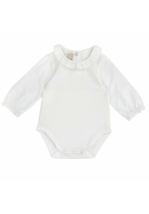 Body bianco per neonati a maniche lunghe con collo arricciato, bottoni automatici sul fondo e polsini elastici sulle maniche.