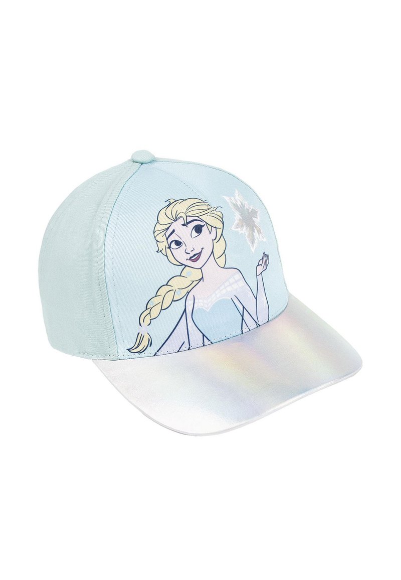 Casquette bleu clair avec une illustration de personnage aux cheveux tressés. La visière a une finition brillante et irisée.