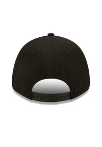 Black baseball cap with a structured crown, flat brim, and adjustable snap closure. Features tonal stitching and vent holes for breathability.