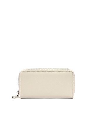 Portafoglio zip-around in pelle liscia di un leggero beige con una sottile trama. Presenta cuciture a contrasto e un tirazip in metallo per una chiusura sicura.