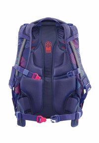 Purple backpack with mesh back, padded straps, pink buckles, and colorful diagonal stripe patterns on sides. Durable design for comfort.