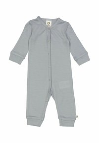 Světlé šedé dětské body vyrobené z měkké tkaniny, s knoflíkovou přední částí, dlouhými rukávy a manžetami na zápěstí. Design nemá žádné vzory.
