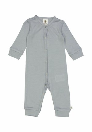 Light gray baby onesie made of soft fabric, featuring a button-down front, long sleeves, and cuffed wrists. The design has no patterns.