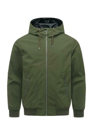 Zielona kurtka z kapturem, zapinana z przodu na zamek, z kapturem ze sznurkiem, zasuwanymi bocznymi kieszeniami oraz ściągaczami na rękawach i dole.