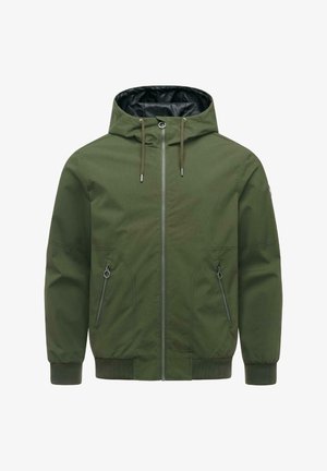 Green hooded jacket with front zipper, drawstring hood, zippered side pockets, and ribbed cuffs and hem.