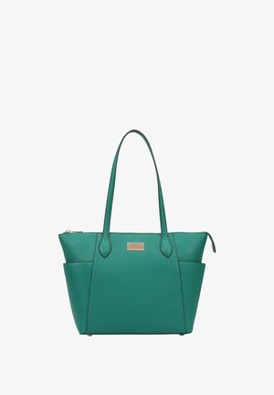 Groene leren tote bag met dubbele handvatten, een gestructureerde vorm, goudkleurige hardware en een klein logo plaatje aan de voorkant. Ritsluiting.