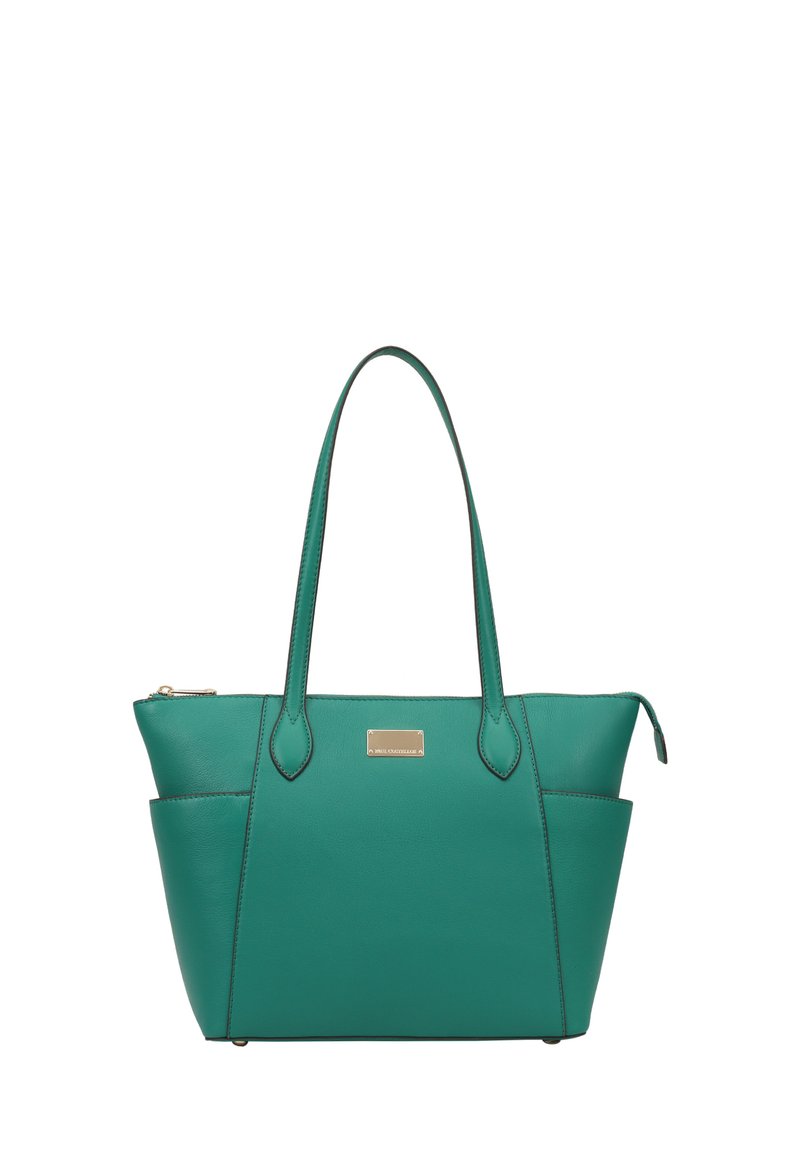 Sac fourre-tout en cuir vert avec double poignées, une forme structurée, des éléments en métal doré et une petite plaque de logo à l'avant. Fermeture à glissière.