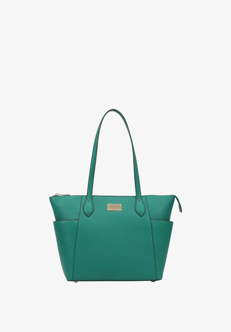 Groene leren tote bag met dubbele handvatten, een gestructureerde vorm, goudkleurige hardware en een klein logo plaatje aan de voorkant. Ritsluiting.