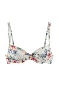 Kukka-aiheinen bikinitoppi, jossa on valkoinen tausta, värikkäitä trooppisia kuvioita, muotoillut kupit ja säädettävät tuplahihnat.