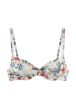 Bloemige bikini-top met een witte achtergrond, versierd met kleurrijke tropische patronen, gevormde cups en verstelbare dubbele bandjes.