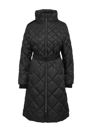 Schwarze steppierte Puffjacke mit hohem Kragen, Reißverschluss und gegurteter Taille. Sie verfügt über gerippte Bündchen und eine mittellange Silhouette.