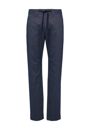 Navy blue casual pants with elastic waistband and black drawstring, straight leg fit, no visible pockets or embellishments.