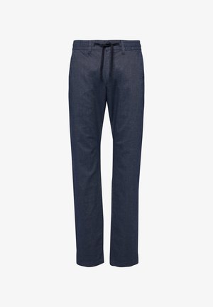 Marineblaue Freizeithose mit elastischem Bund und schwarzem Kordelzug, gerade geschnittener Beinform, ohne sichtbare Taschen oder Verzierungen.