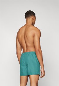 Shorts de bain teal avec une taille élastique, longueur mi-cuisse et fentes latérales. Tissu lisse avec un design minimaliste. Vue de dos affichée.