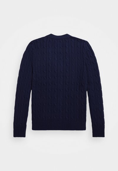Marineblauer Strickcardigan mit einem strukturierten Zopfmuster, gerippten Ärmeln und Saum, einem runden Ausschnitt und langen Ärmeln.