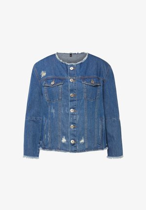 Džínová bunda s hrubým lemem a třepícím se límcem, s knoflíkovou légou, dvěma náprsními kapsami a opotřebovanými detaily v modré látce.