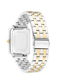 Silberne und goldfarbene Edelstahl-Uhr mit quadratischem Gehäuse, verlinktem Armband und goldener Krone. Wasserdicht, mit Markengravur auf dem Verschluss.