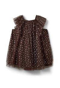 Hnedé tylové šaty s nafúknutými rukávmi, so strieborným kvetinovým vzorom, elastickým výstrihom a vrstvenou textúrou. Ľahký a jemný dizajn.