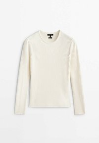 Długi rękaw, prążkowany top w kolorze ecru, z okrągłym dekoltem i teksturowanym materiałem. Prosty fason z dopasowanym krojem.