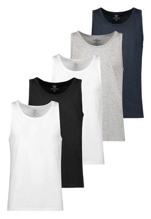 Fünf Baumwollwesten in einer Reihe: Weiß, Schwarz, Grau, Marineblau und Weiß. Jede hat einen runden Ausschnitt und ein ärmelloses Design und zeichnet sich durch eine weiche Stoffstruktur aus.
